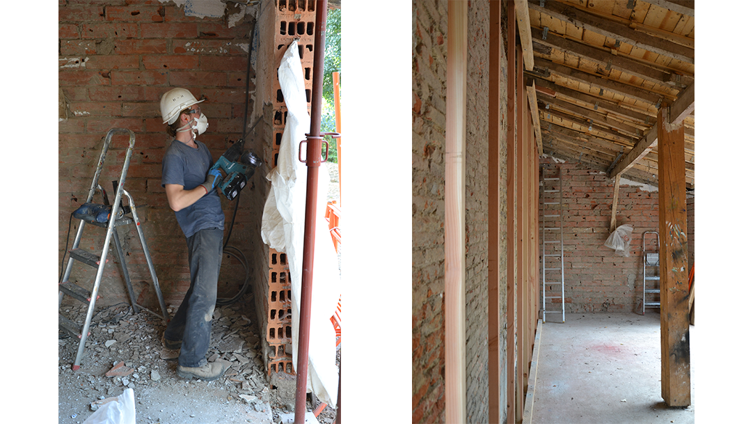 Préparation du mur pour accueillir l'isolation en béton de chanvre projeté - DévelGreen